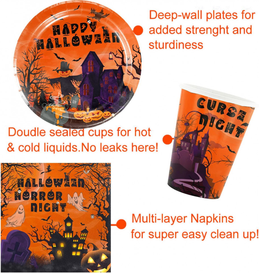 Poze Set de tacamuri pentru petrecere Halloween Miotlsy, carton/polietilena, portocaliu, 81 piese, 10 persoane
