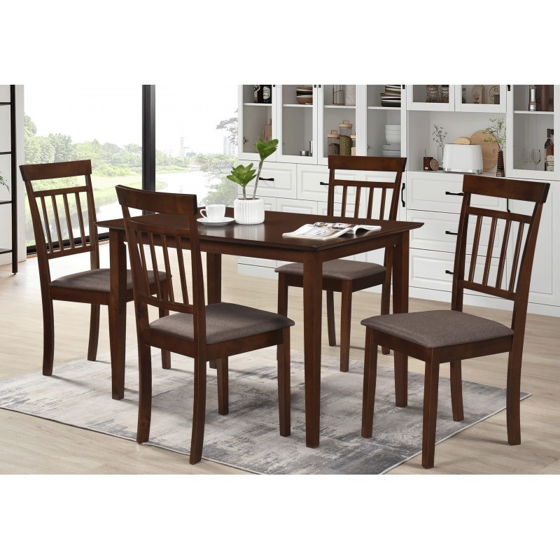 Set masa dining si bucatarie Drimus Bali, MDF, 112x72x74 cm si 4 scaune Hudson, lemn masiv, tapiterie stofa, nuc