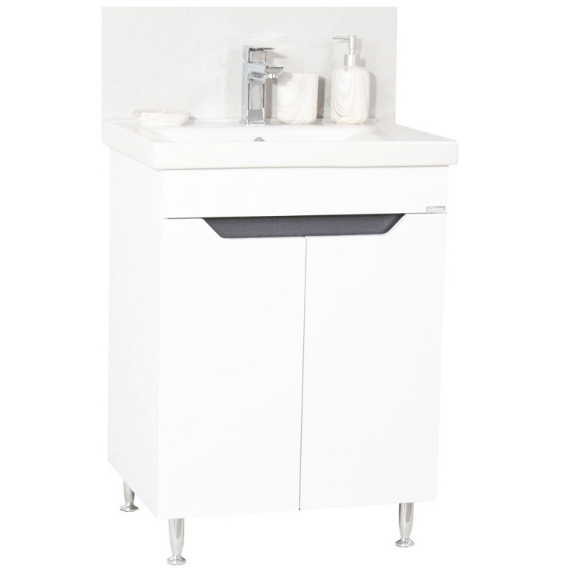Set mobilier baie GN7561, cu lavoar ceramic, circular, front MDF, 60 cm, 2 usi, raft, picioare cromate reglabile, alb/antracit