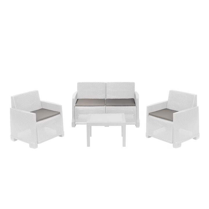 Set mobilier terasa/gradina Progarden, ISEO, 4 piese, polipropilena, alb, canapea 2 locuri 129x66x74 cm, 2 scaune 72x66x74 cm, masa 59x46x40 cm, cu