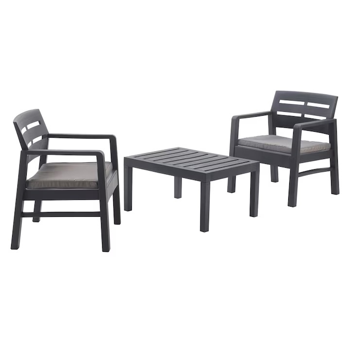 Set mobilier terasa/gradina, Progarden, LOMBOK, 3 piese, polipropilena, antracit, 2 scaune 63x58x74 cm, masa 74x55x38 cm, cu perne incluse,
