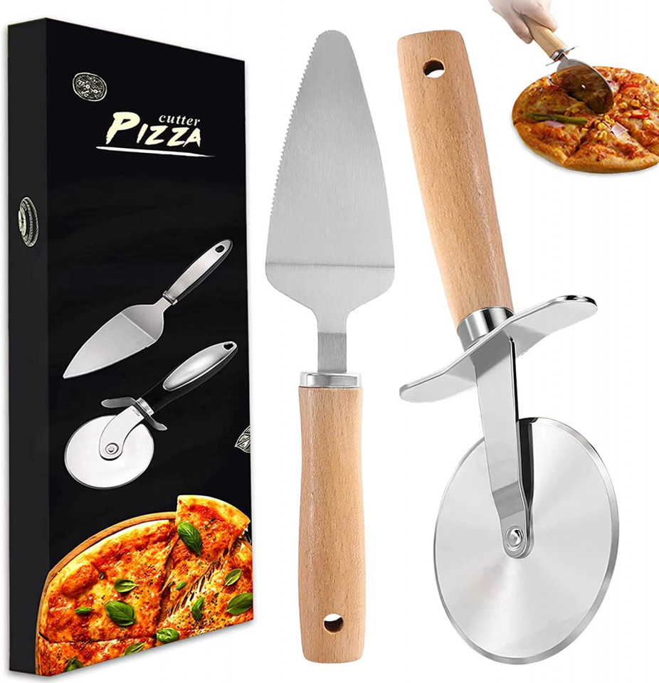 Set spatula si taietor pentru pizza DITAIX, lemn/otel inoxidabil, argintiu/natur argintiu/natur