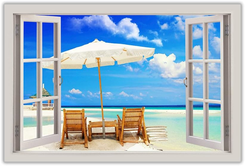 Tablou „Beach Holiday Window”, panza/lemn, multicolor, 40 x 60 x 1,8 cm