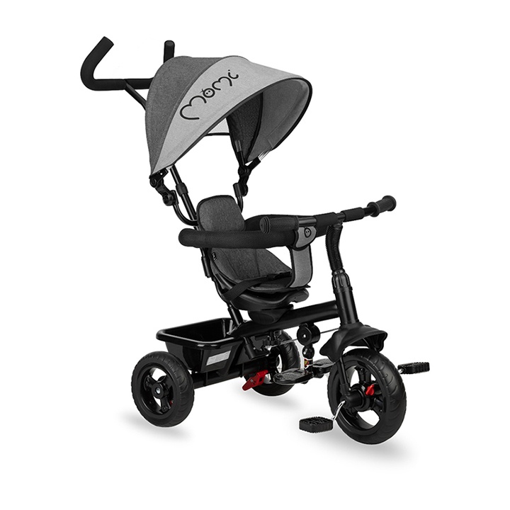 Tricicleta 5 in 1, MoMi IRIS Grey, Scaun rotativ 360Ãƒâ€šÃ‚Â°, Suport pentru picioare detasabil, Maner telescopic, Cos pentru jucarii, Materiale usor