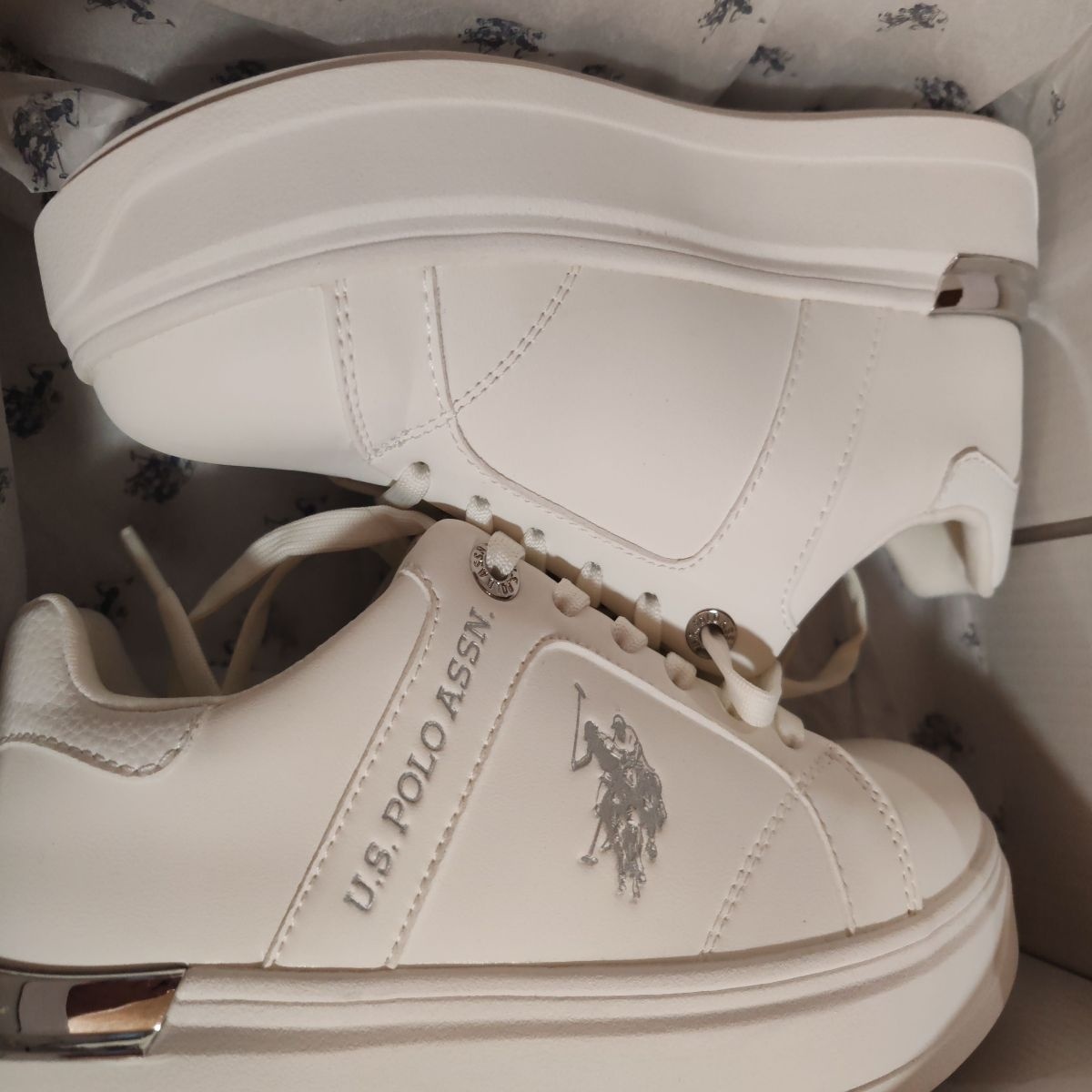U.S. Polo Assn., Pantofi sport din piele ecologica cu logo, Alb murdar, Argintiu, 36, Resigilat, Grad A