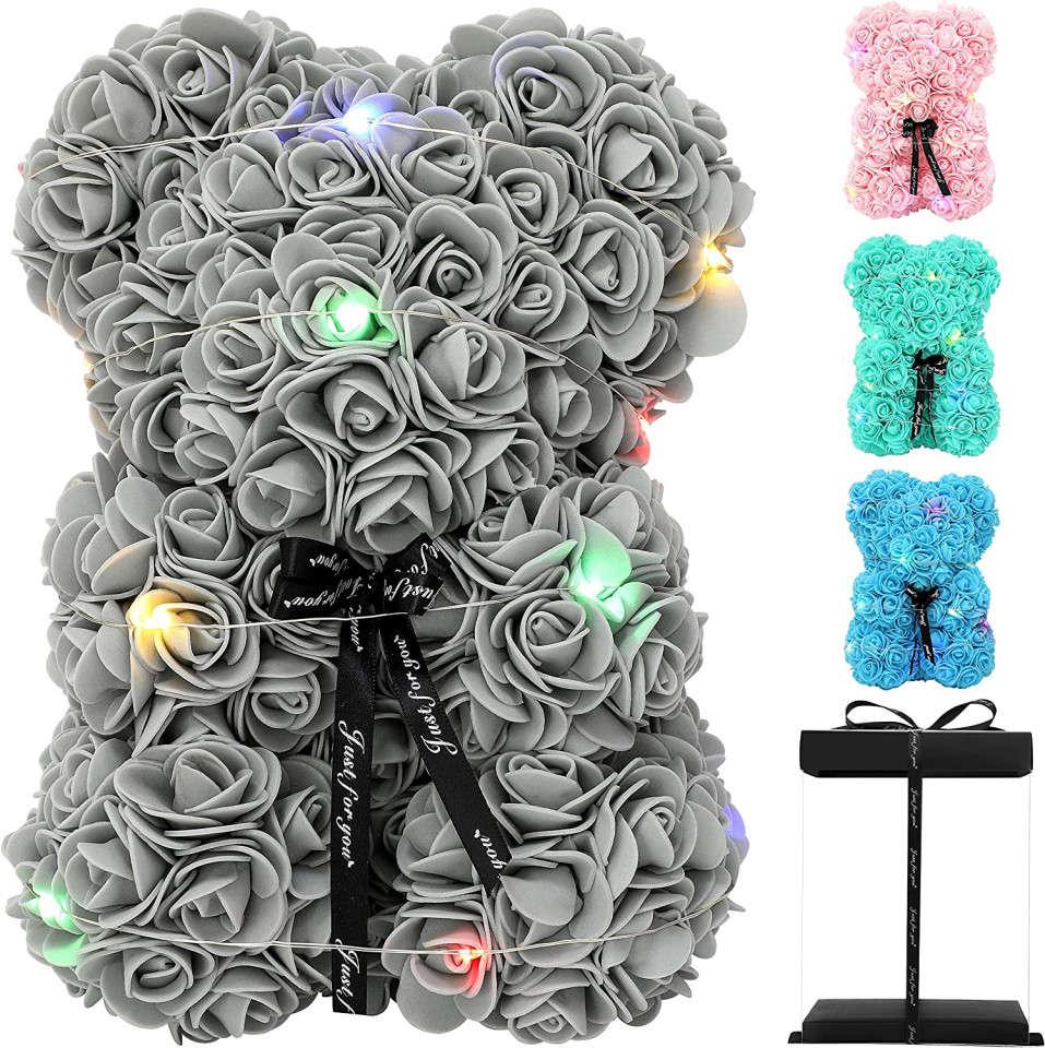 Ursulet de trandafiri Liuukzy, LED, gri, 25 cm chilipirul-zilei.ro