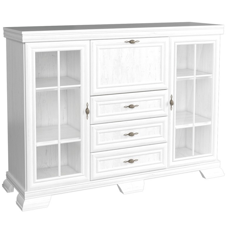 Vitrina living VM6, 3 usi, 3 sertare, Alb Antichizat, 158 x 46 x 117 cm