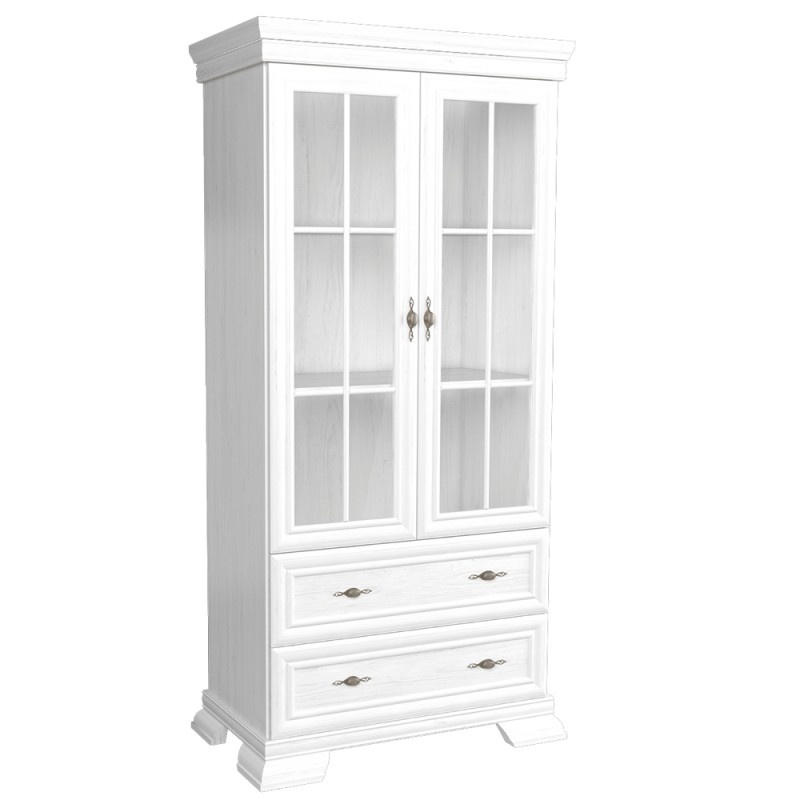 Vitrina living VMW2, 2 usi, 2 sertare, Alb Antichizat, 88 x 40 x 193 cm