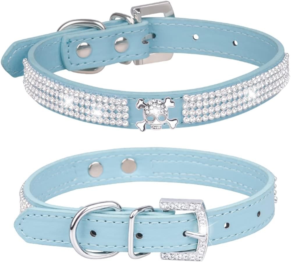 Zgarda cu strasuri pentru pisici Yiwong, piele PU/plastic, albastru/argintiu, marimea XS