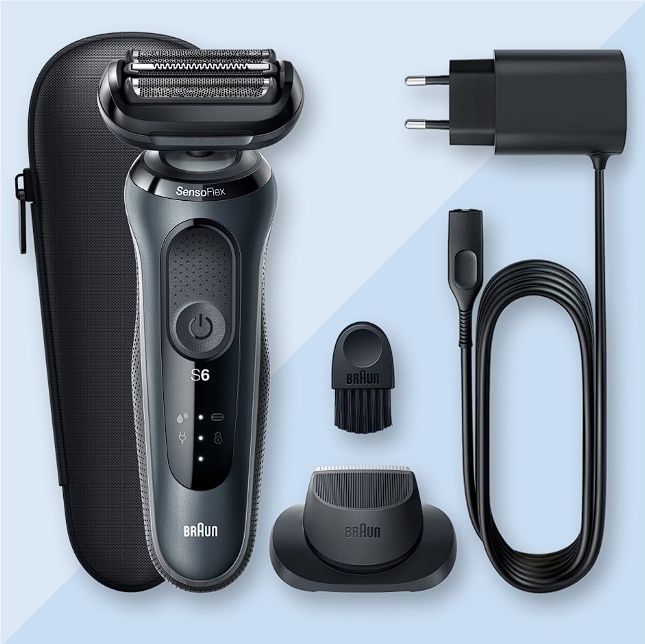 Aparat de ras electric Braun Series 6 61-N1000s Wet&Dry, AutoSense, 4 elemente de taiere, SensoFlex, Trusa de voiaj, Gri, Resigilat, Grad A