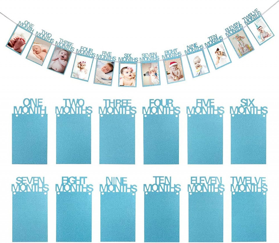Banner cu rame foto pentru poze cu bebelusi 1-12 luni JINLAIYUN, hartie, albastru, 12,5 x 21,5 cm 1-12 pret redus