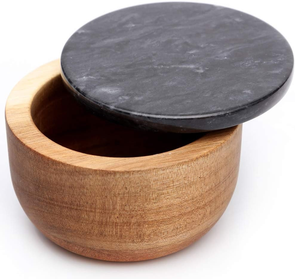 Bol cu capac pentru condimente Jalz Jalz, lemn masiv de salcam/marmura, maro/negru, 10,7 x 6,9 cm