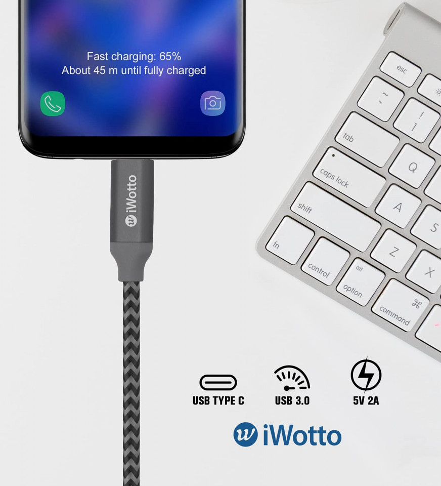 Cablu de incarcare USB Tipe C Iwotto, nailon, gri/negru, 1 m