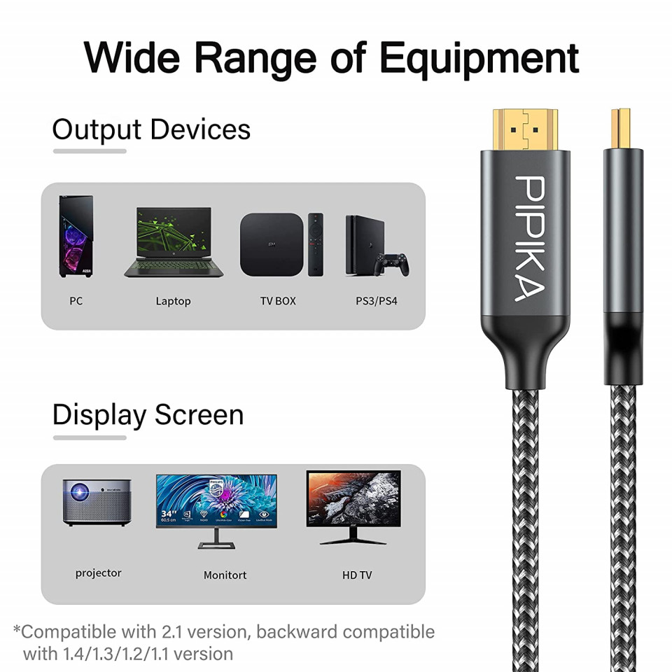 Cablu HDMI 8.60 de 2K Pipika, plat, negru/gri, nailon, 1 m