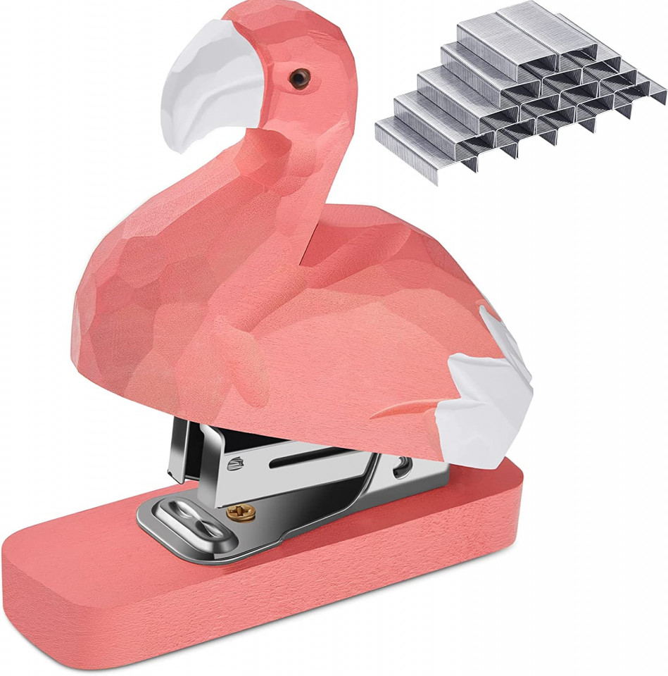 Capsator Zonon, model flamingo, lemn/metal, argintiu/alb/roz, 10 x 3 x 9 cm