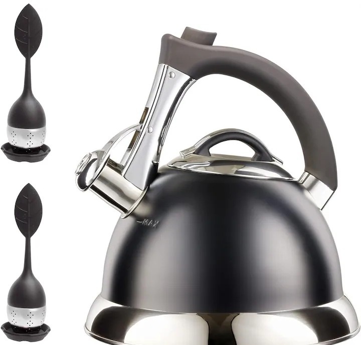 Ceainic cu fluier, Pykal, Otel inoxidabil, 2.8 L, 2 Infuzoare, Maner iCool, Negru
