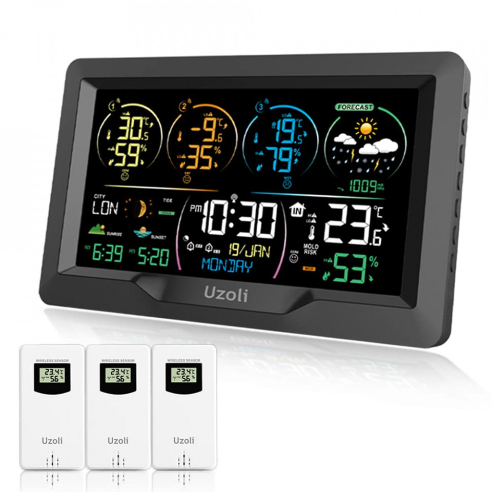 Ceas radio cu informatii meteorologice Uzoli, LCD, baterie, negru, 20,5 x 13 cm 205