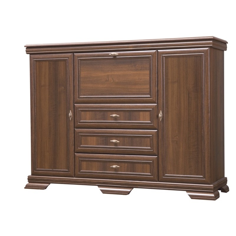 Comoda living VM6P, o usa rabatabila pentru bar, 2 usi fixe, 3 sertare, insertii MDF, 158 x 46 x 117 cm, Nuc