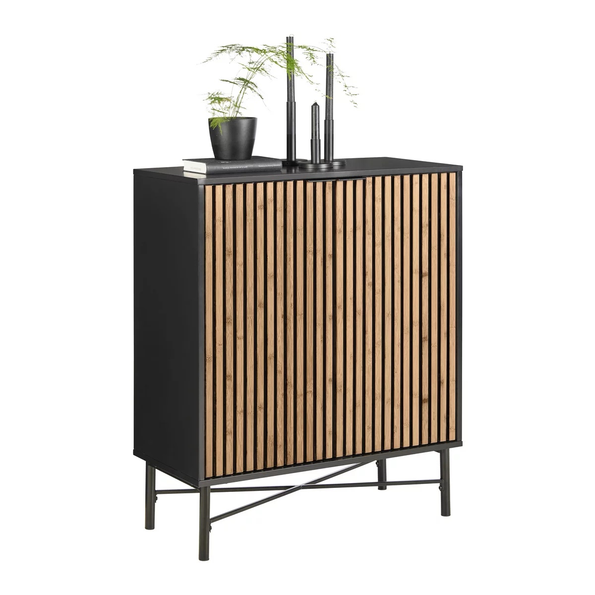 Comodă Madrid , negru/leu masiv natural, 76/90/35 cm