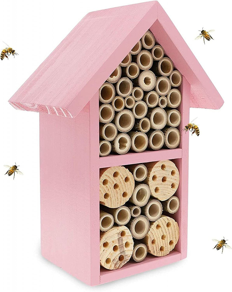 Poze Cuib de albine pentru gradina ‎Bright Creations, roz, lemn, 19 x 26 x 12 cm