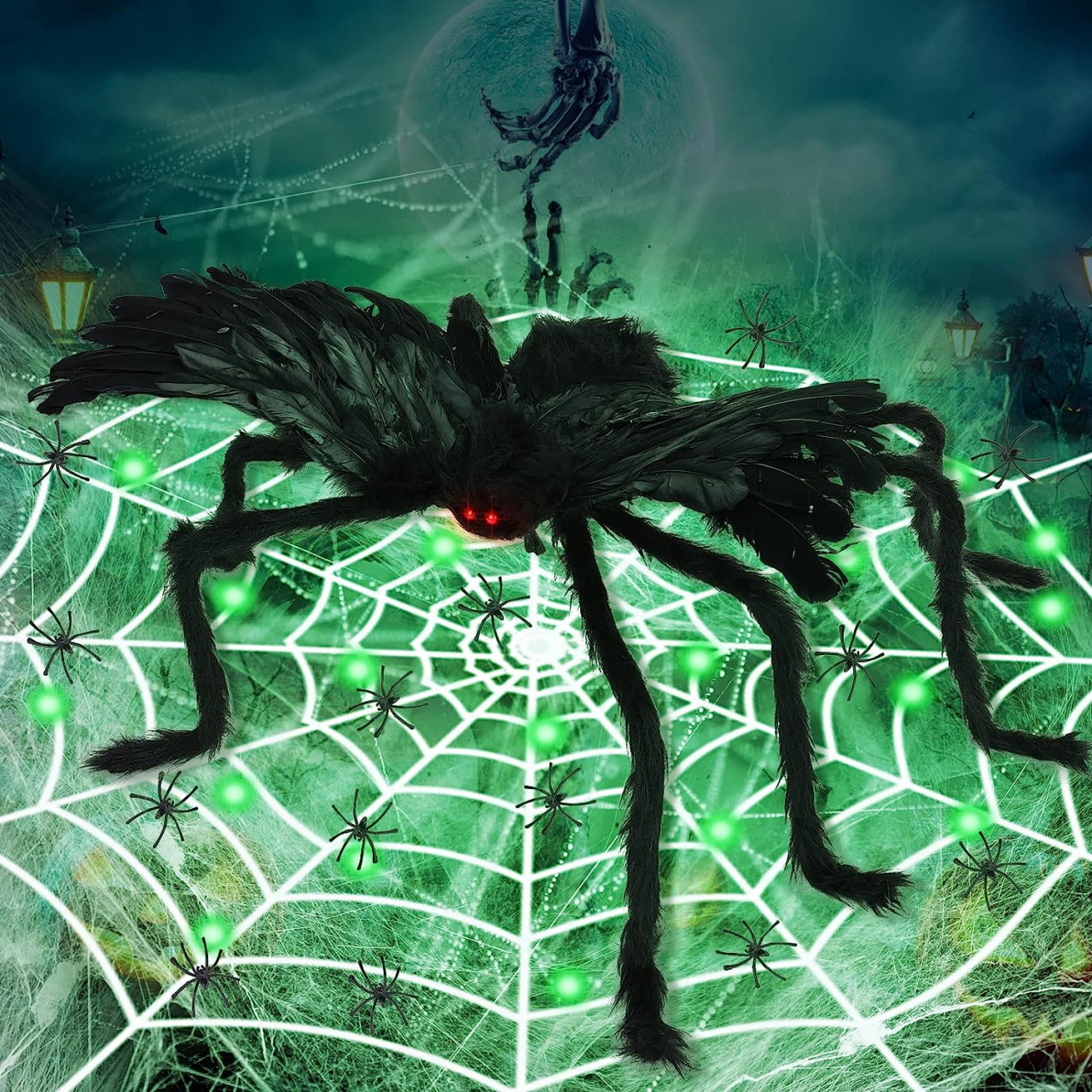 Decor de Halloween iluminat cu panza si paianjen gigant Herefun, plastic/textil, negru/verde