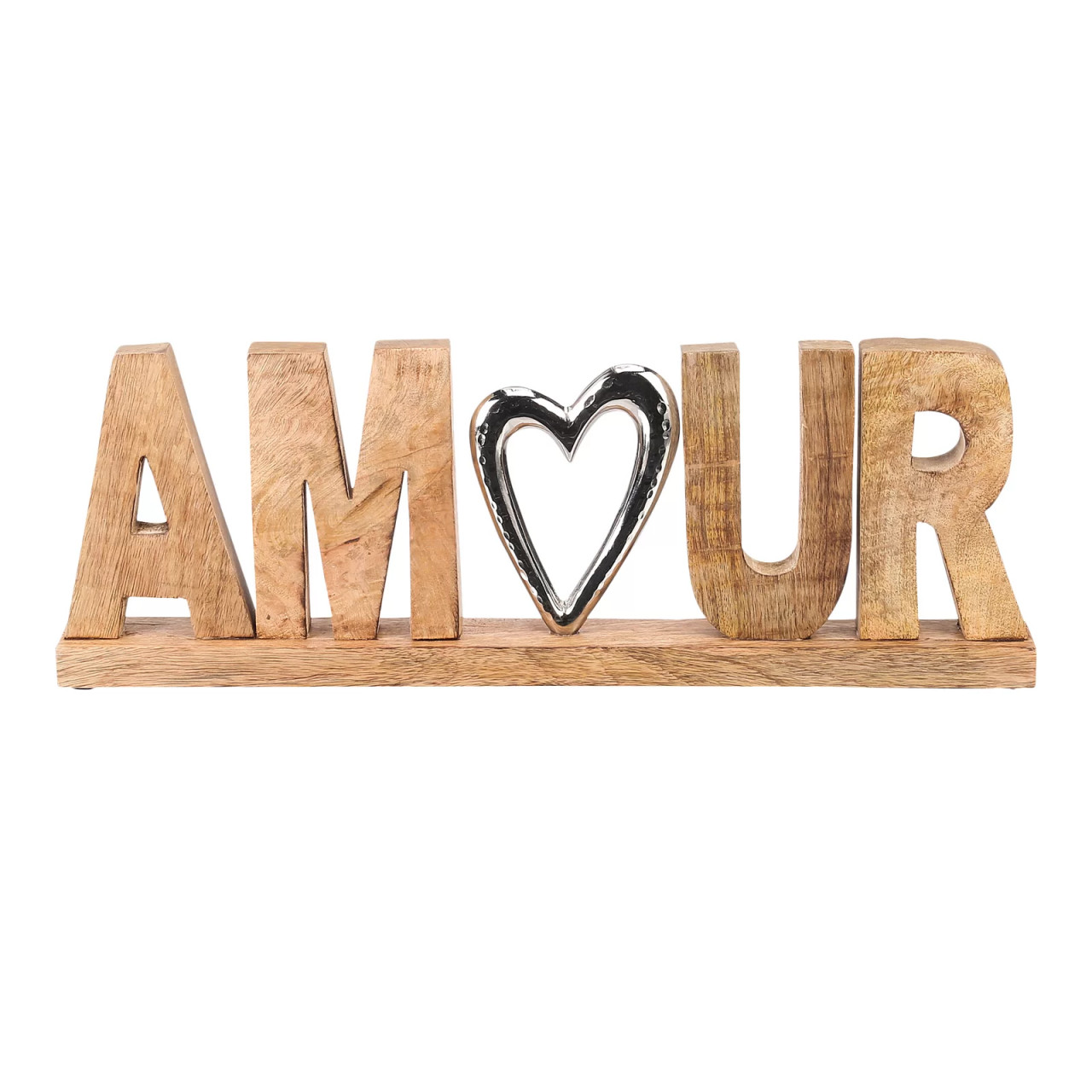 Decoratiune Olivas, model Amour, lemn/metal, natur/argintiu, 50 x 5 x 15 cm
