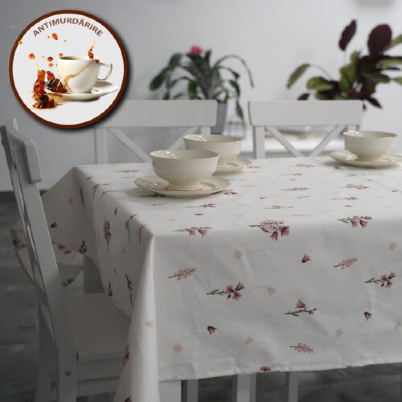 Fata de masa antimurdarie 100% Bumbac, 140x180 cm, Imprimeu Floral Roz