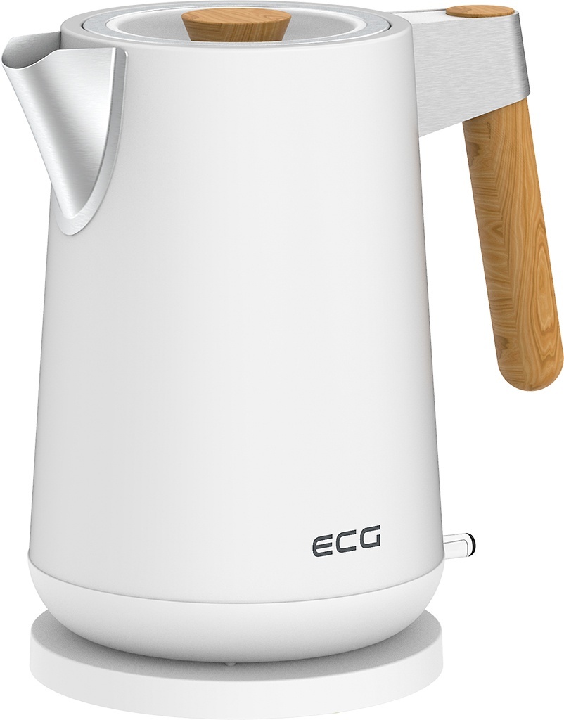 Fierbator electric ECG RK 1768 Strix Timber White, 1.7 litri, 2200 W, pereti dubli, otel inoxidabil si elemente din lemn, alb