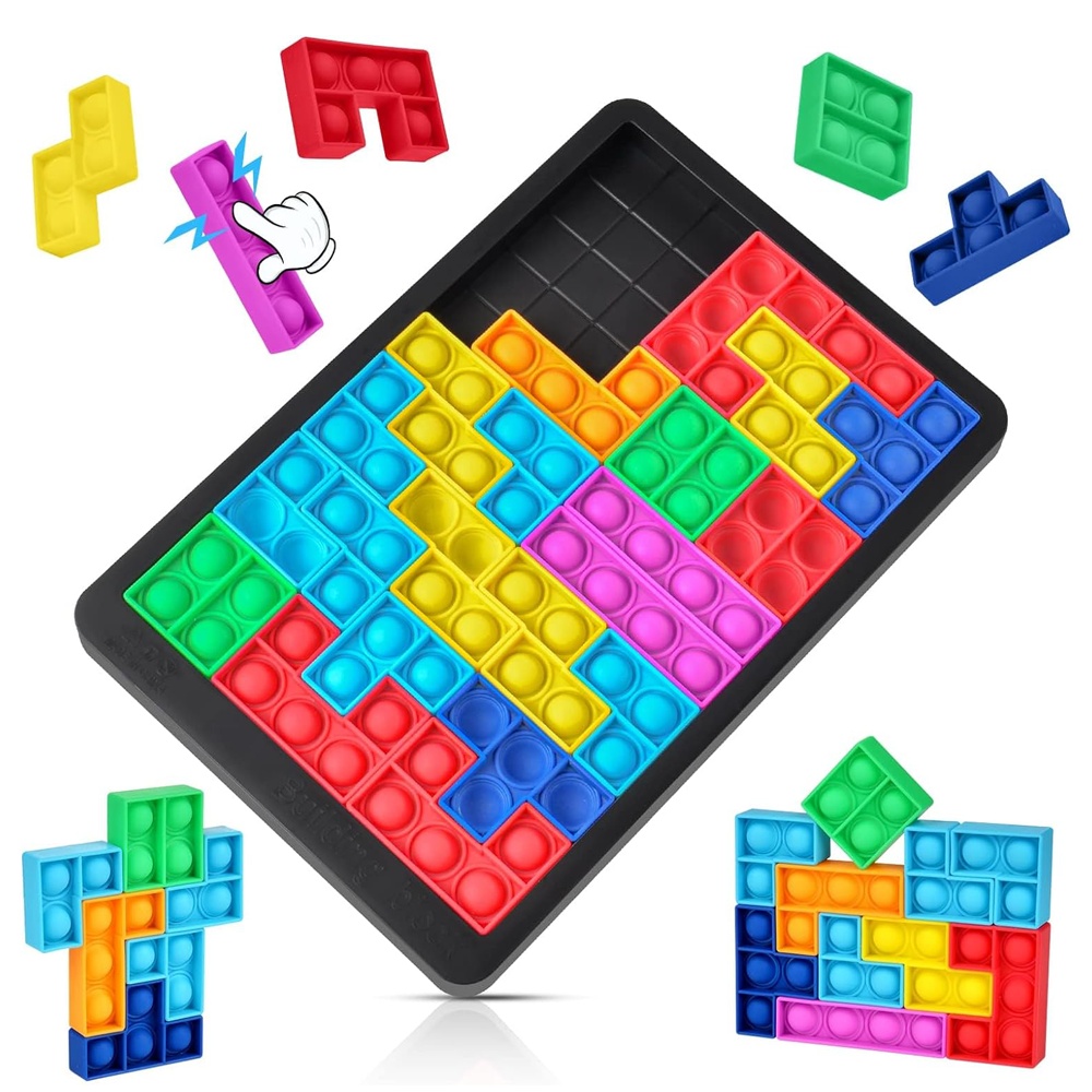 Joc clasic de tetris+Puzzle+Joc Pop It cu 24 de piese multicolore din silicon, 3+ani, WP1510