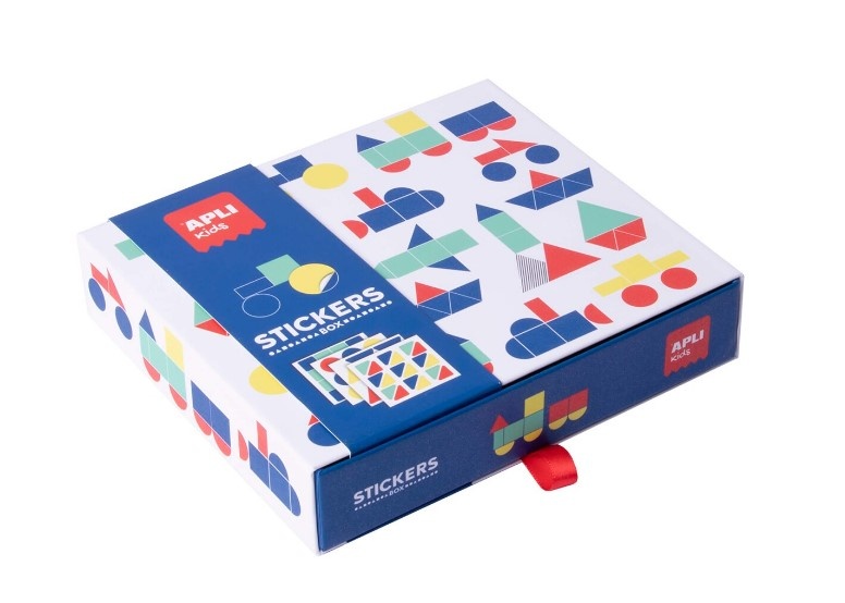Joc creativ cu autocolante geometrice, APLI, tema Vehicule, 19 x 16,5 x 4 cm, 8 coli