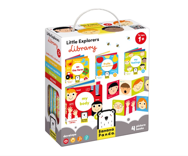 Joc educativ pentru copii si bebelusi, Banana Panda, Little Explorers Library, 4 carti tip acordeon cu ferma, partile corpului, fructe si sentimente,