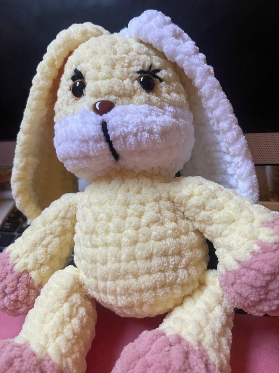 Jucarie de plus Iepurasul Silvia, lucrata manual, handmade, textil, galben, 37 cm