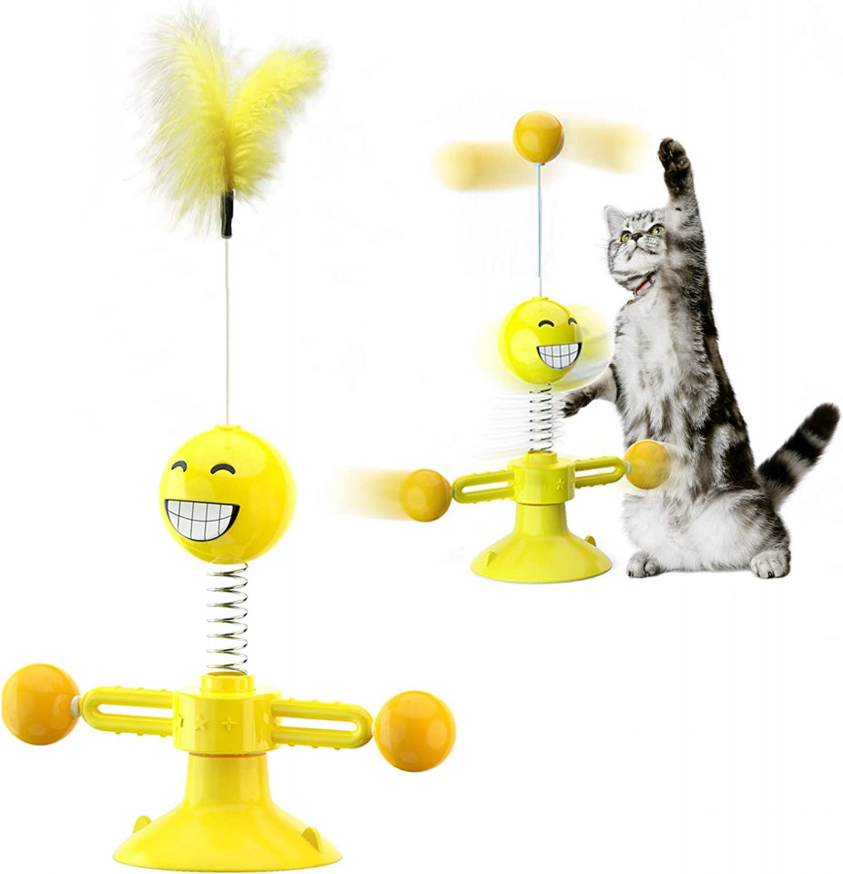 Jucarie interactiva pentru pisici GVAVIY, ABS/pene, galben