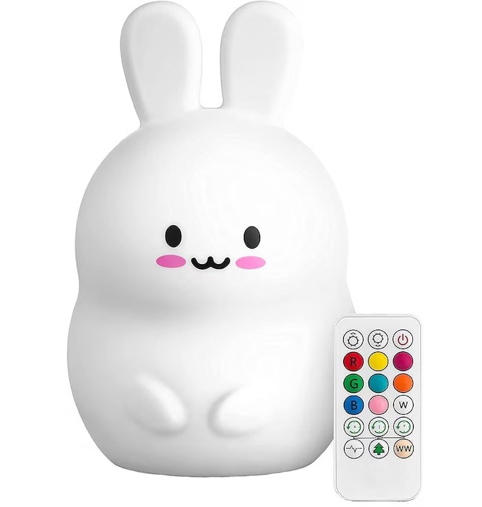 Lampa de veghe portabila pentru copii, LED multicolor, USB, touch-control, temporizator, silicon, iepure, alb, resigilat