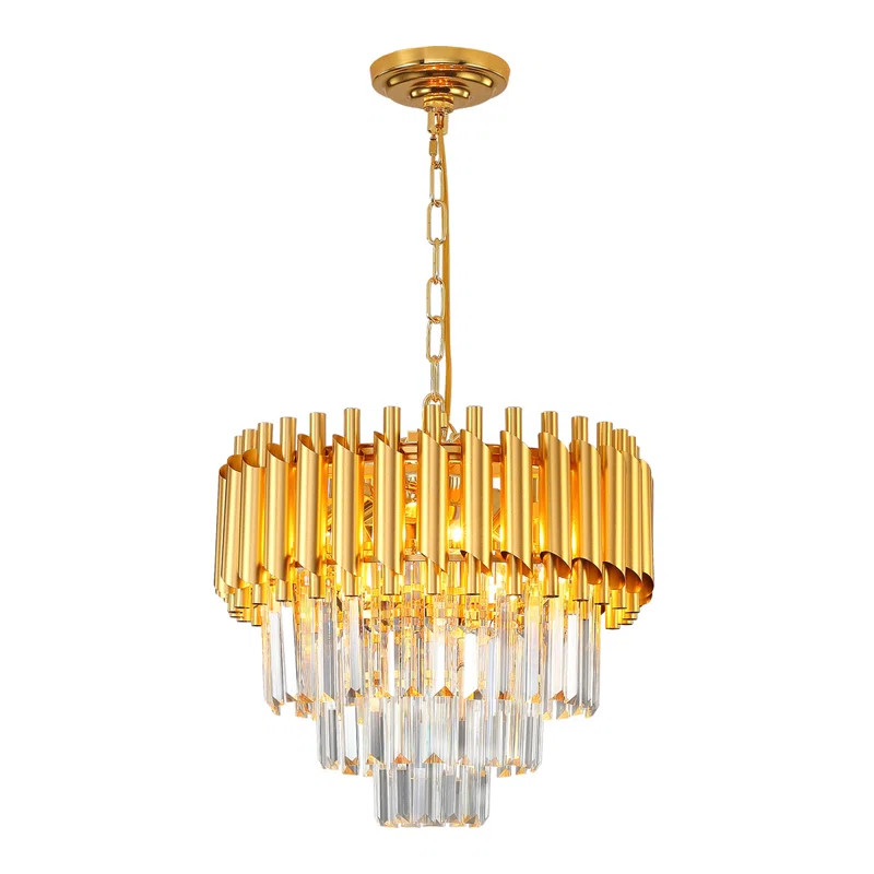 Lustra tip pendul Hance, aluminiu/cristal, auriu, 35 x 40 x 50,8-85,6 cm
