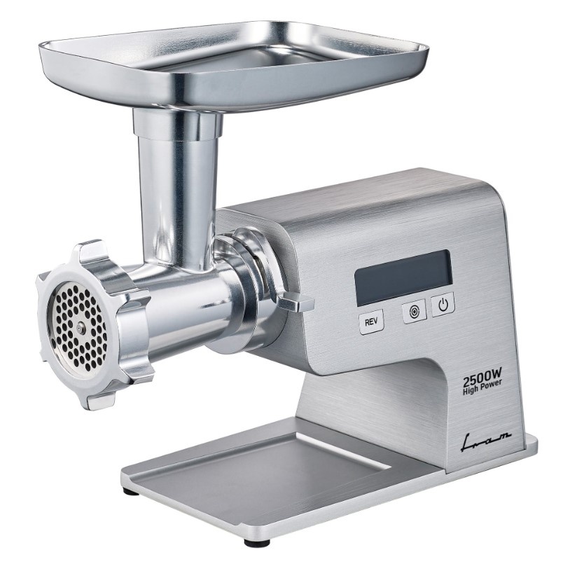 Masina de tocat profesionala Fram FMG-MDT2500X, 2500W, motor DC, angrenaje metalice, cutit din inox, 2 site din inox, accesorii pentru carnati si