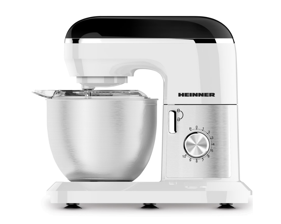 Mixer planetar Heinner HPM-1300WHBK, 1000W, bol inox: 5L, 10 viteze + Pulse, tel, carlig framantare, paleta, capac transparent protectie, Alb,