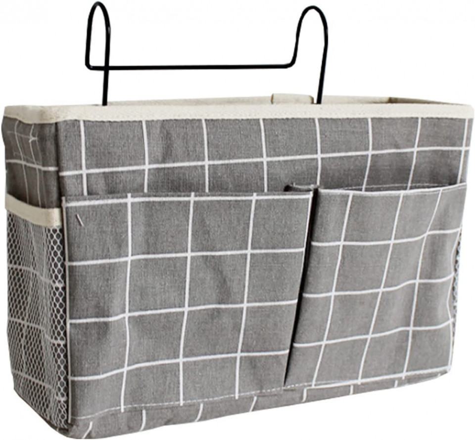 Organizator pentru pat/noptiera Hyxodjy, fier/panza, gri, 19 x 11 x 30 cm