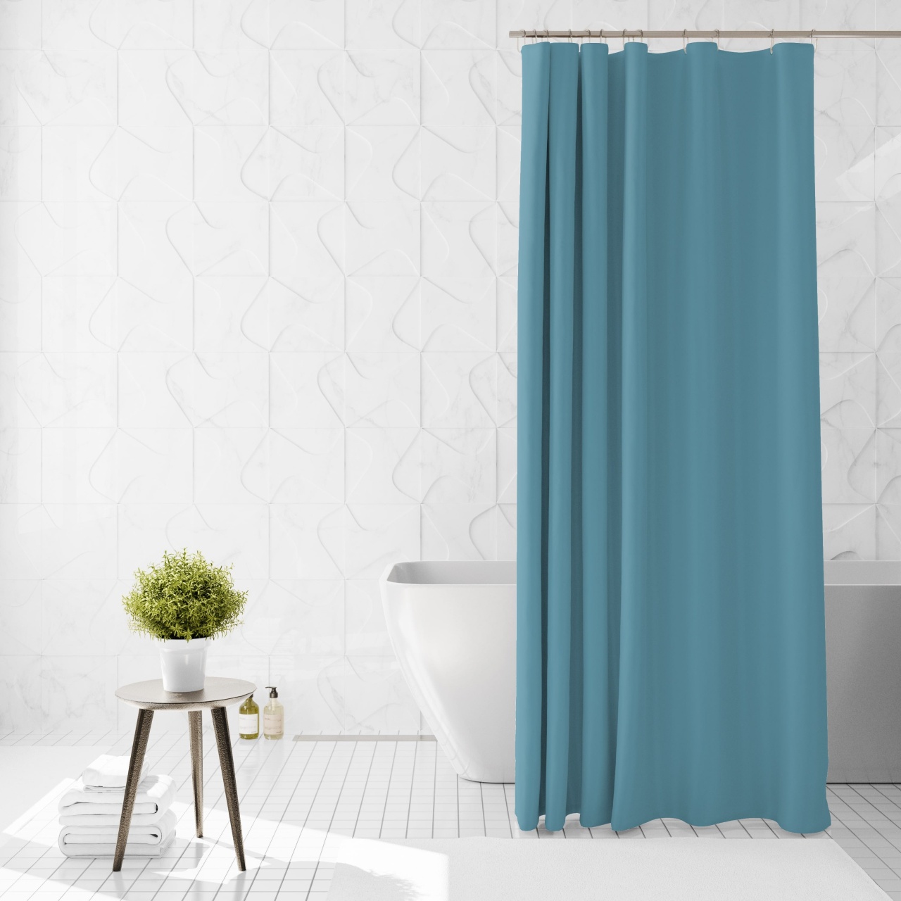 Perdea de dus Ella Home cu 12 inele, poliester, rezistenta la apa, albastru, 180x200 cm