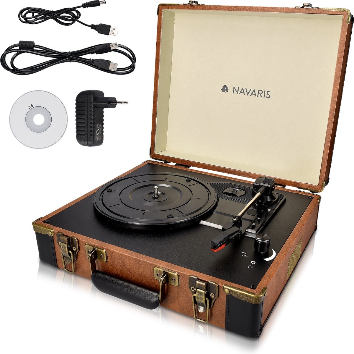 Pick-up Retro Case Navaris, Record Player, Difuzoare integrate, RCA, 3.5mm, AUX, USB port pentru PC, 3 viteze, resigilat
