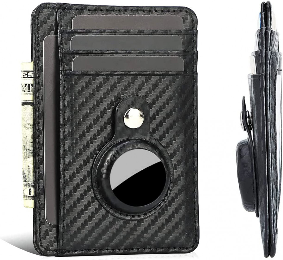 Portofel cu loc pentru AirTag SUVEK, piele PU, negru, 8,5 x 11 x 1 cm