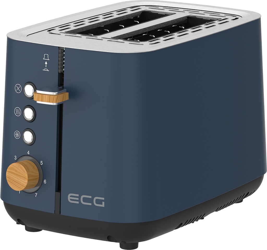 Prajitor de paine ECG ST 2768 Timber Petrol, 925 W, 2 felii, 7 trepte, otel inoxidabil, elemente din lemn, albastru indigo