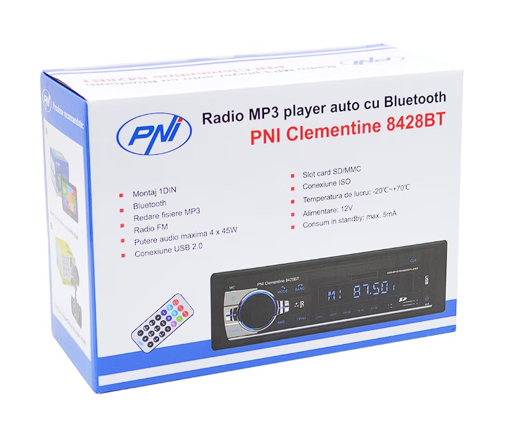 Radio MP3 player auto PNI Clementine 8428BT, 4x45w, 1 DIN cu SD, USB, AUX, RCA, Bluetooth, Resigilat, Grad A