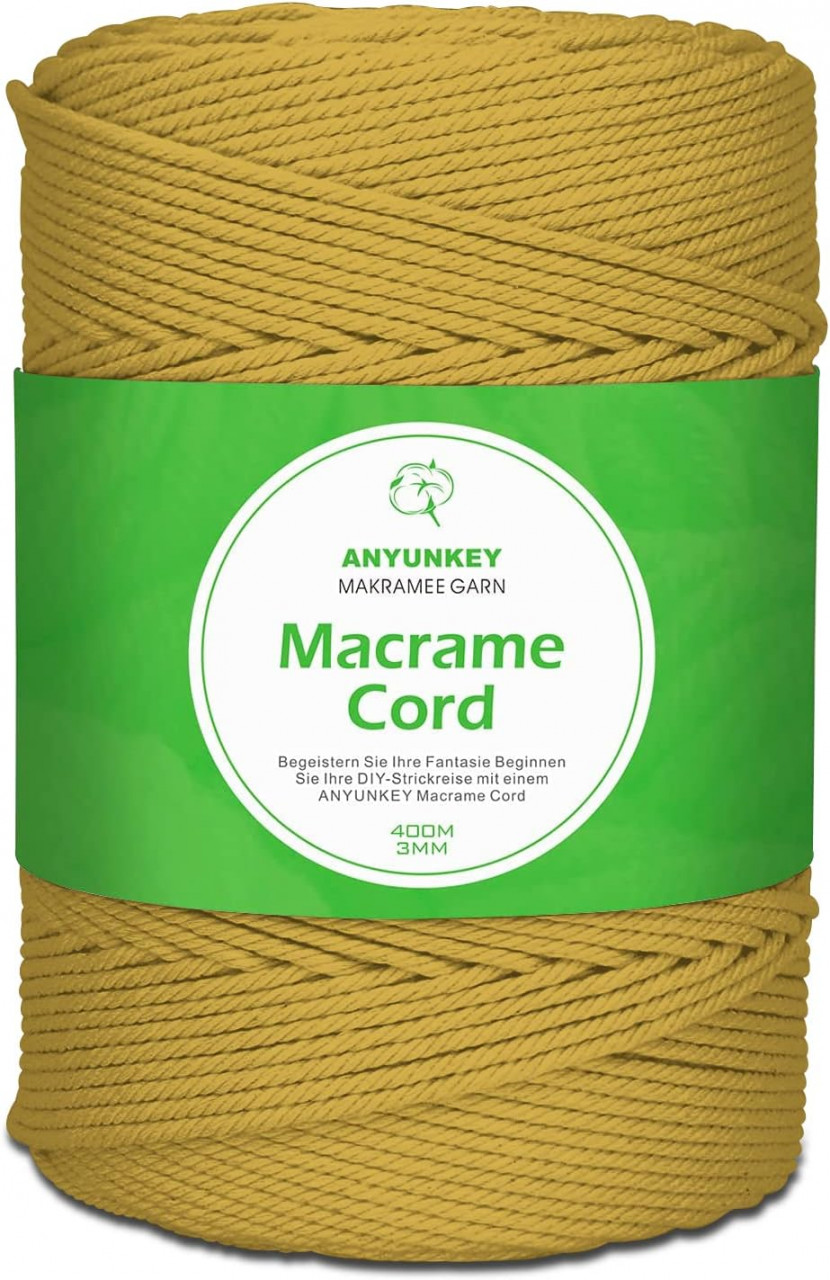 Rola de macrame pentru mestesuguri Anyunkey, bumbac, mustar, 400m x 3 mm