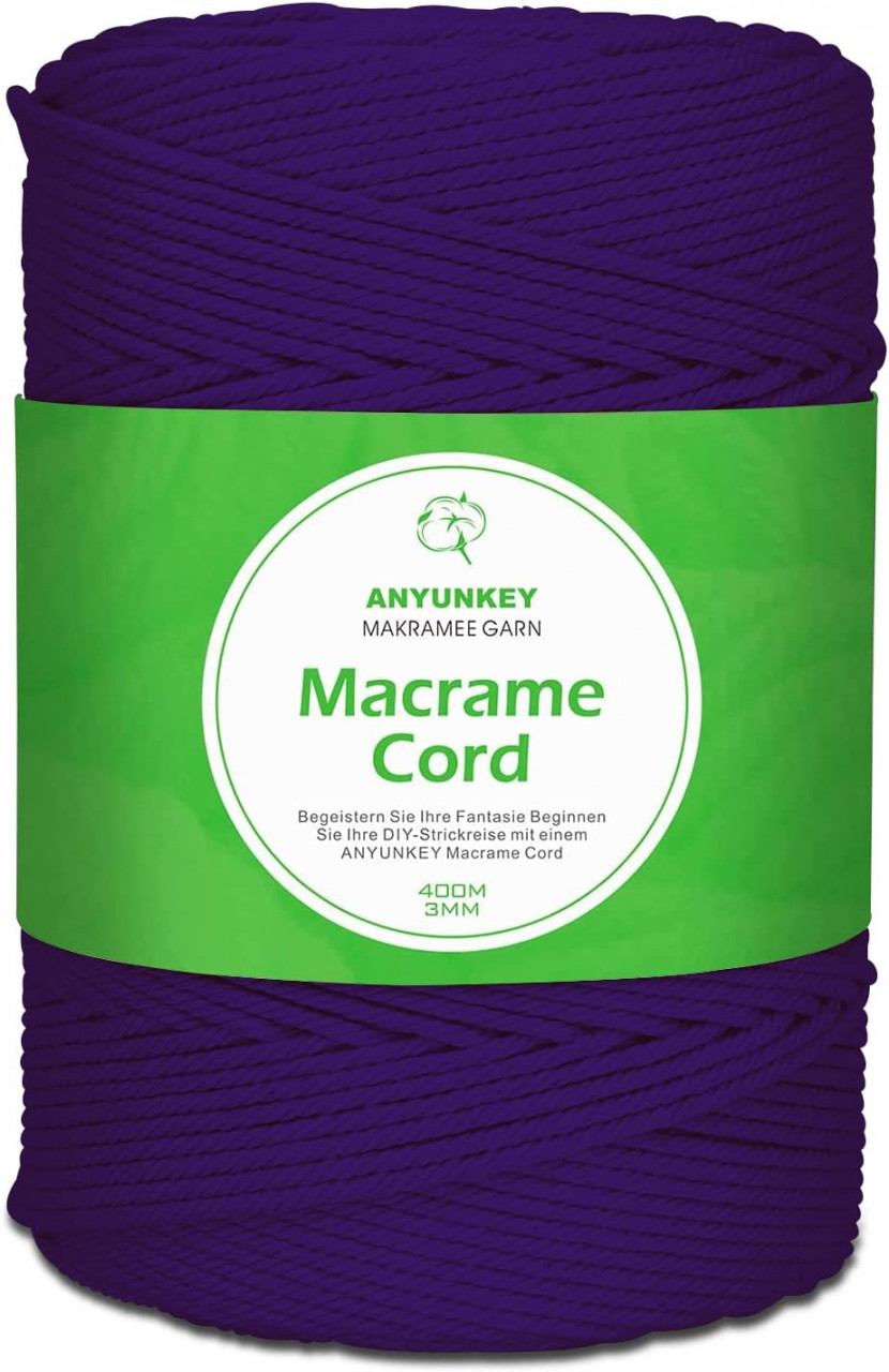 Rola de macrame pentru mestesuguri ANYUNKEY, bumbac, violet inchis, 400m x 3 mm