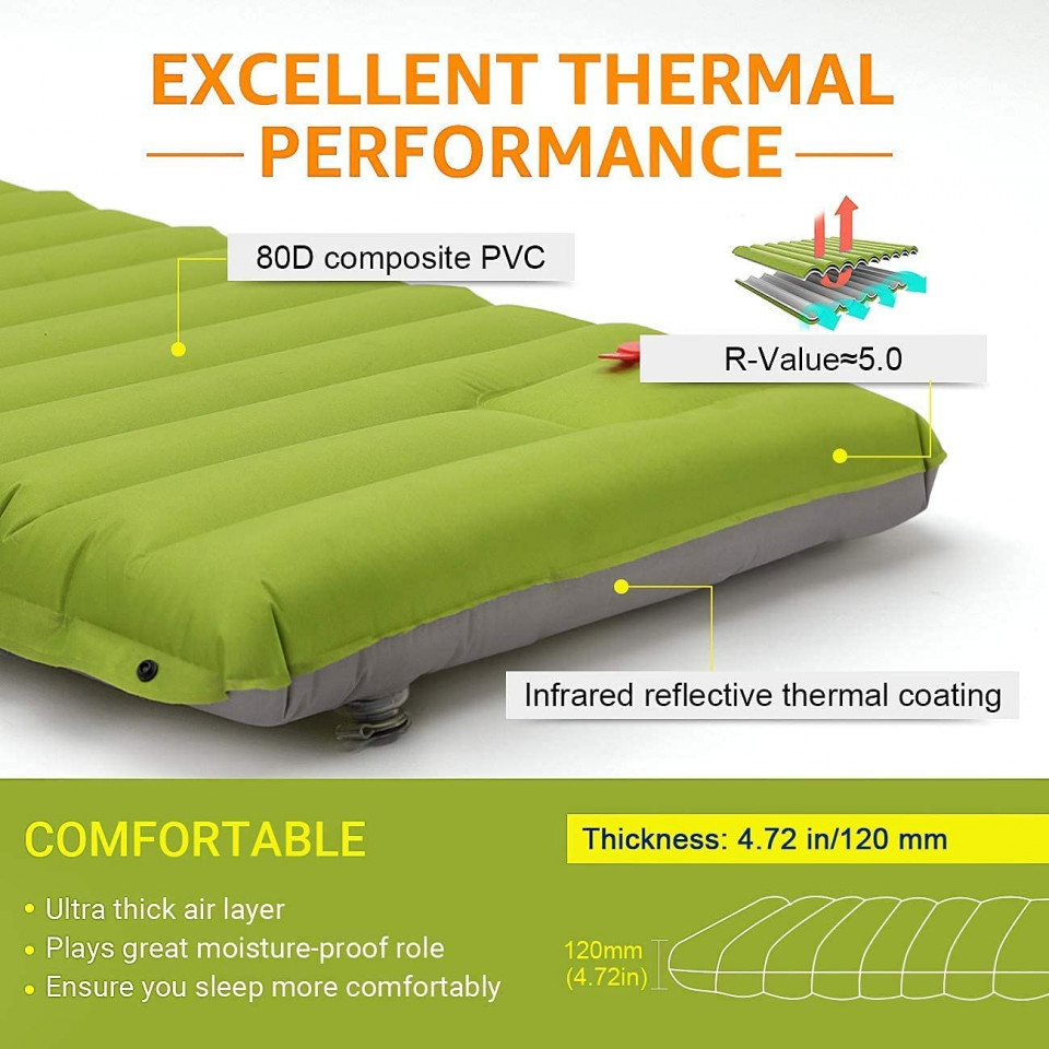 Poze Saltea de camping pneumatica Overmont, poliester/PVC, verde, 60 x 190 x 12 cm