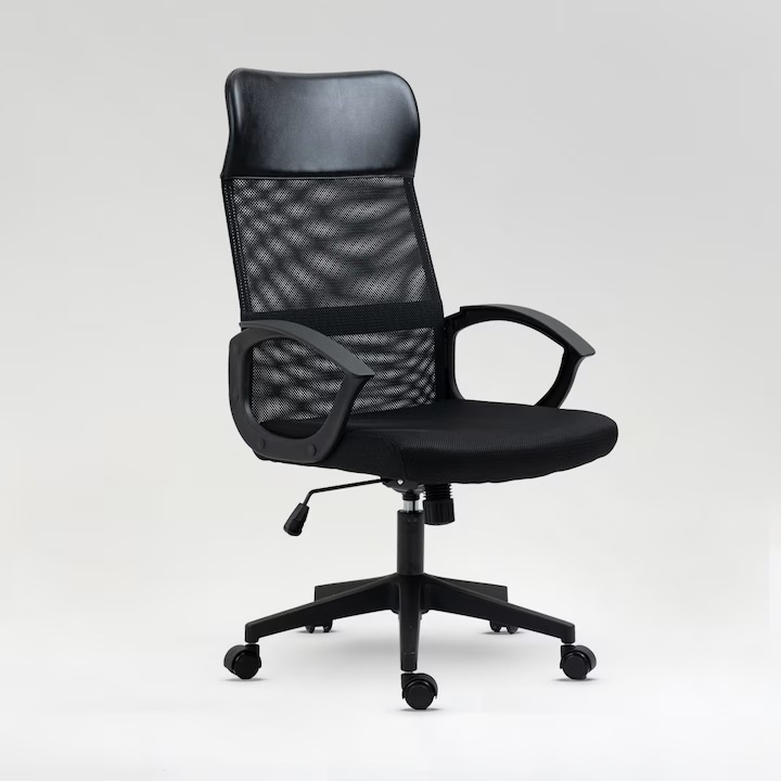 Scaun birou Kiwari® Nad, spatar inalt, suport lombar, brate fixe, sezut cu spuma si mesh, mecanism fluture, baza nylon, roti PU, cadru metalic,