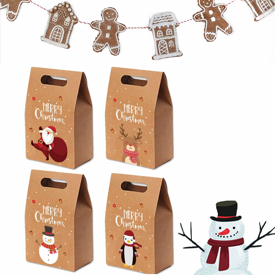 Set 16 pungi de cadou pentru Craciun Dyww, hartie, maro/rosu, 10,5 x 6,5 x 17,5 cm