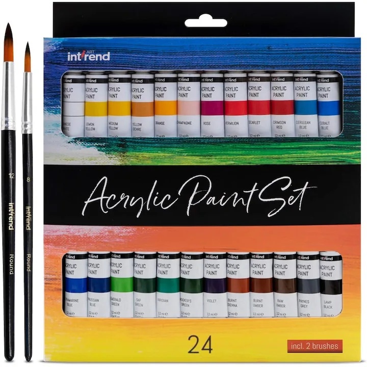 Set 24 Vopsele acrilice int!rend, cu 2 pensule, rezistente la apa pentru hartie, lemn, panza, argila, pietre, ipsos, 12 ml, Resigilat, Grad A