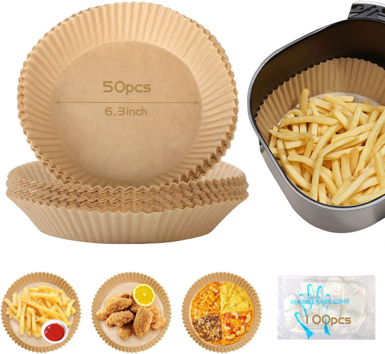 Set 50 hartii de copt pentru friteuza cu aer si 100 manusi de unica folosinta EDATOFLY, maro/transparent, 20 x 4,4 cm
